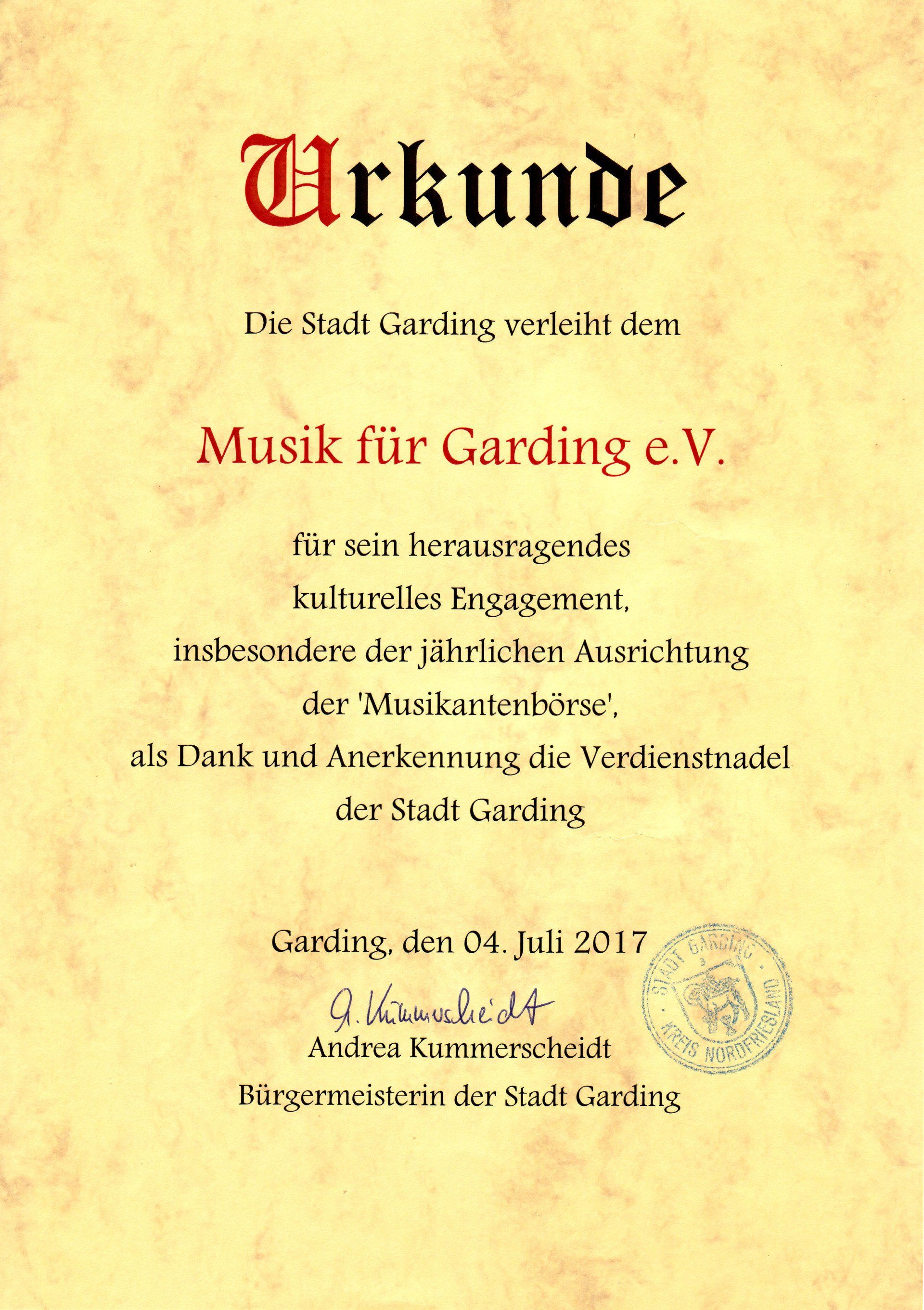 Ein ausgezeichneter Verein Urkunde, Musik für Garding, Eiderstedt, St. Peter-Ording