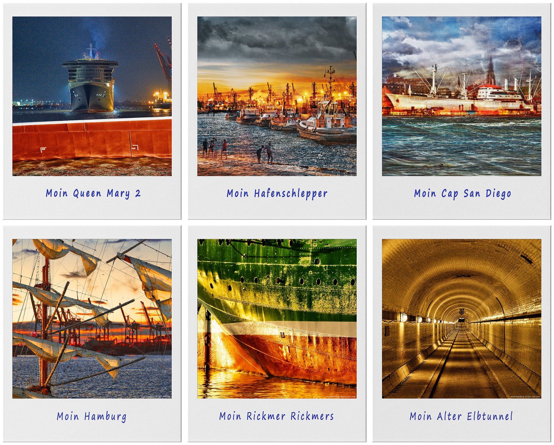Einzelleinwände im Polaroid-Look-Format hamburger hafen bilder fotodrucke segelschiffe rickmer-rickmers alter-elbtunnel polaroid-look-format