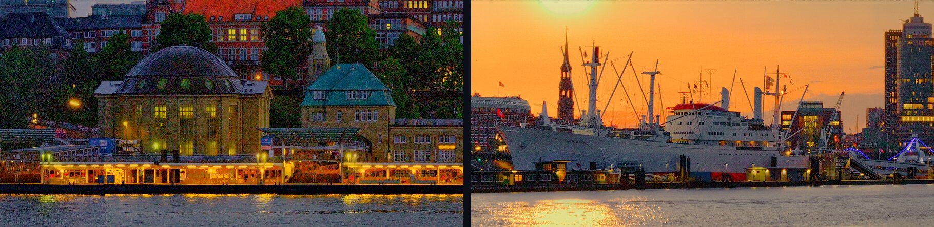 Hamburg Bilder Details aus dem Hafenpanorama mit Landungsbrücken im Sonnenaufgang hamburger hafen details hafenpanorama mit landungsbrücken im sonnenaufgang