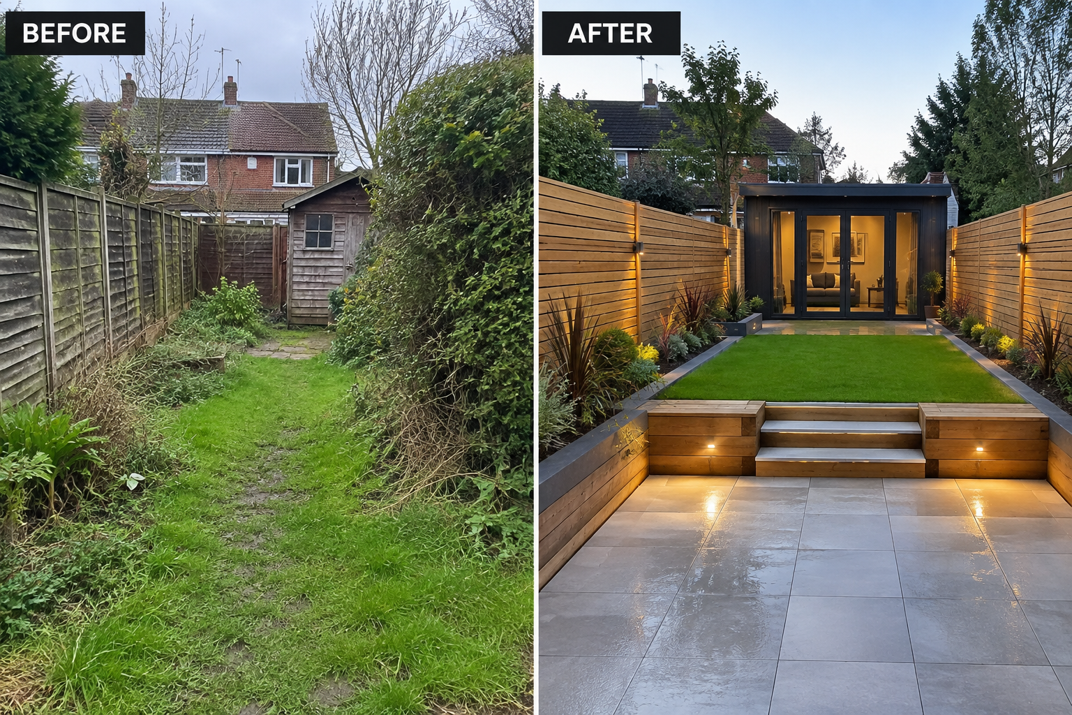 Before and after garden makeover with new fencing and patio in Gloucester
