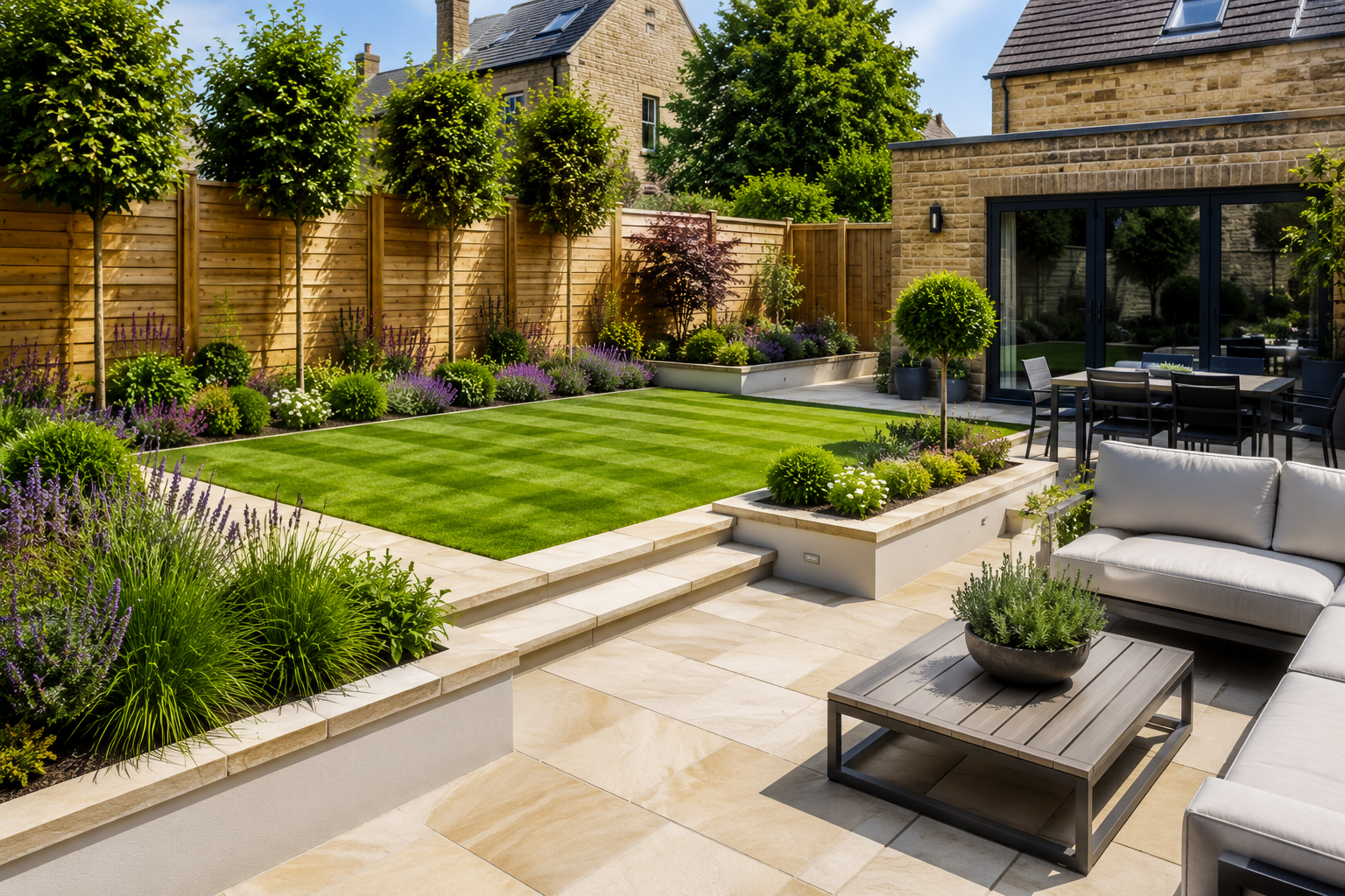 Modern garden landscaping featuring paving, raised flower beds and quality fencing by landscapers in Gloucester
