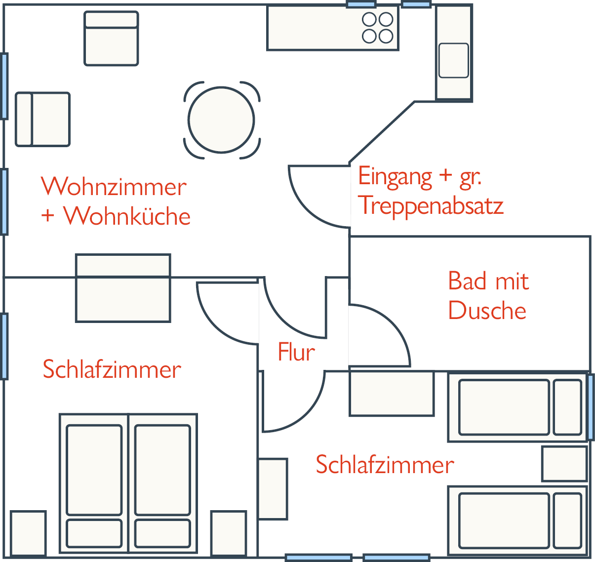 Haus Matthäus in Wyk auf Föhr. 
Grundriss FeWo 2 (1. Stock). 3 Zimmer, 4 Betten. Plus Wohnküche, Bad, eigene Terrasse.