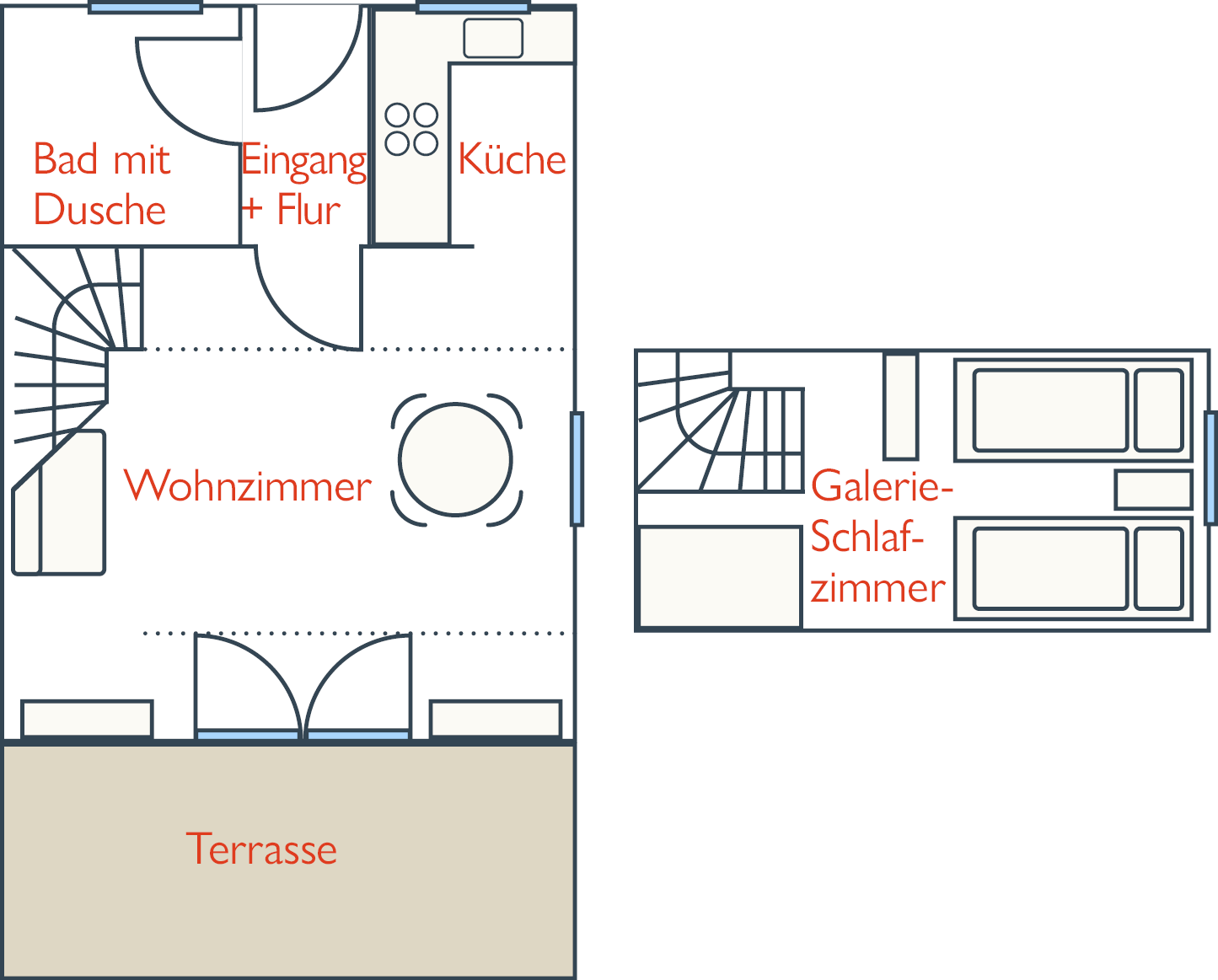 Haus Matthäus Wyk / Föhr. 
Grundriss FeWo 3 Anbau. Wohnzimmer, Küche, Bad, Terrasse. Treppe Galerie-Schlafzimmer, 2 Betten.
