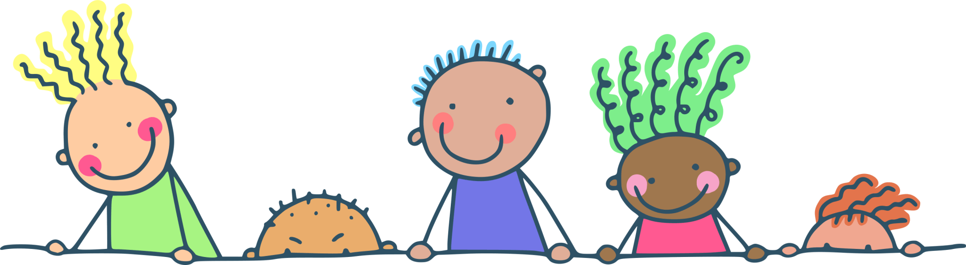 Kinder liegen auf dem Bauch auf einer Wiese mit ausgestreckten Armen und Fingern