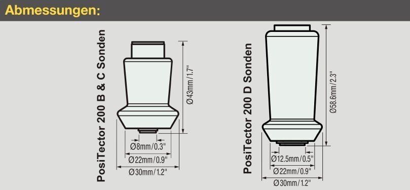 Abmessungen PosiTector 200-Sonden A, B & C Abmessungen der PosiTector 200-Sonden A, B & C