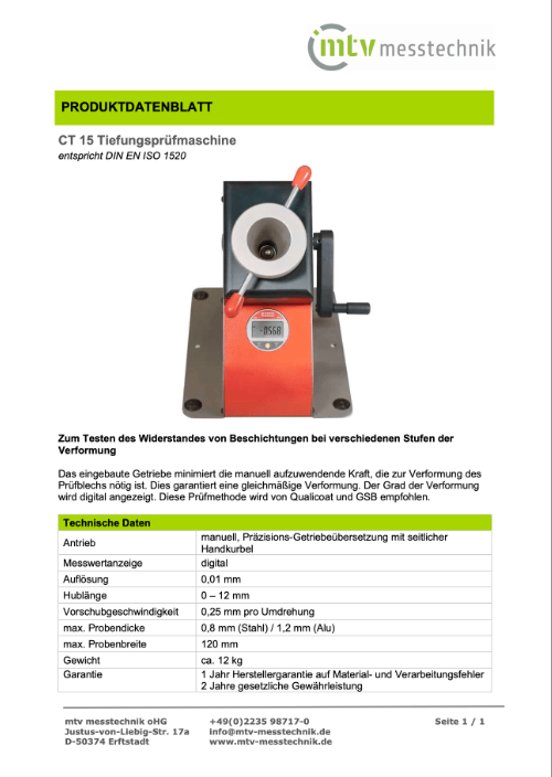 CT 15 Tiefungsprüfmaschine zur Prüfung des Widerstands von Beschichtungen bei unterschiedlichen Verformungsstufen nach DIN EN ISO 1520.
