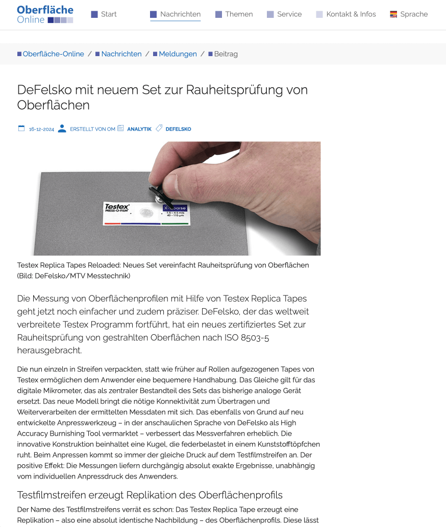 DeFelsko präsentiert neues Testex-Set zur Rauheitsprüfung von Oberflächen DeFelsko präsentiert neues Testex-Set zur Rauheitsprüfung von Oberflächen, erhältlich bei mtv messtechnik