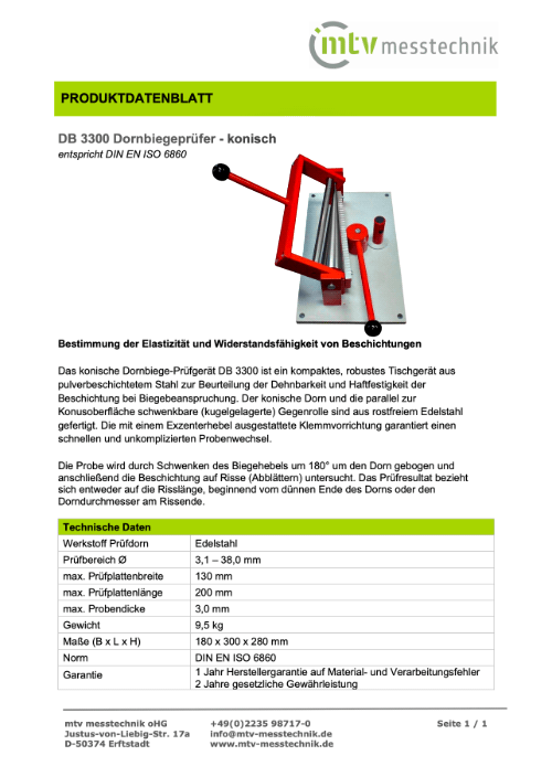 DB 3300 konischer Dornbiegeprüfer zur Bestimmung der Elastizität und Haftfestigkeit von Beschichtungen nach ISO 6860.