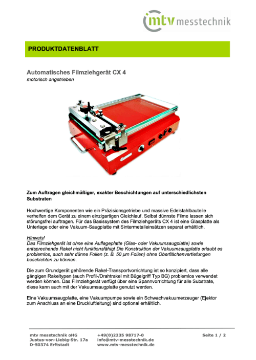 mtv CX 4, automatisches Präzisions-Filmziehgerät  zur exakten Applikation gleichmäßiger Beschichtungen auf verschiedenen. Substraten.