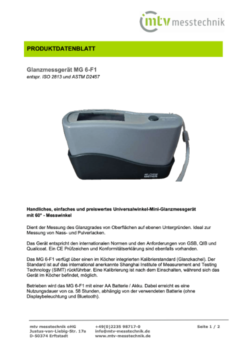 Glanzmessgerät MG 6-F1, 60° nach ISO 2813/ASTM D2457 zur Glanzmessung von Nass- u. Pulverlacken. GSB/QIB/Qualicoat.