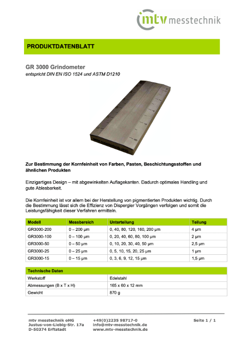 Grindometer zur Bestimmung der Kornfeinheit von Farben, Pasten, Beschichtungsstoffen & ähnlichem. DIN EN ISO 1524, ASTM D1210.