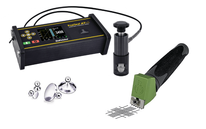 DeFelsko PosiTest AT Pull-off Adhesion Testers and mtv messtechnik Cross Hatch Adhesion Testers measure adhesion of coatings to metal, wood, concrete and more