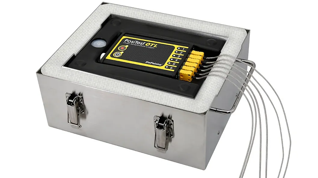 PosiTest OTL Ofentemperaturlogger in Hitzeschutzbox Qualitätskontrolle von Pulverbeschichtungen mit DeFelsko PosiTest OTLOfentemperaturlogger