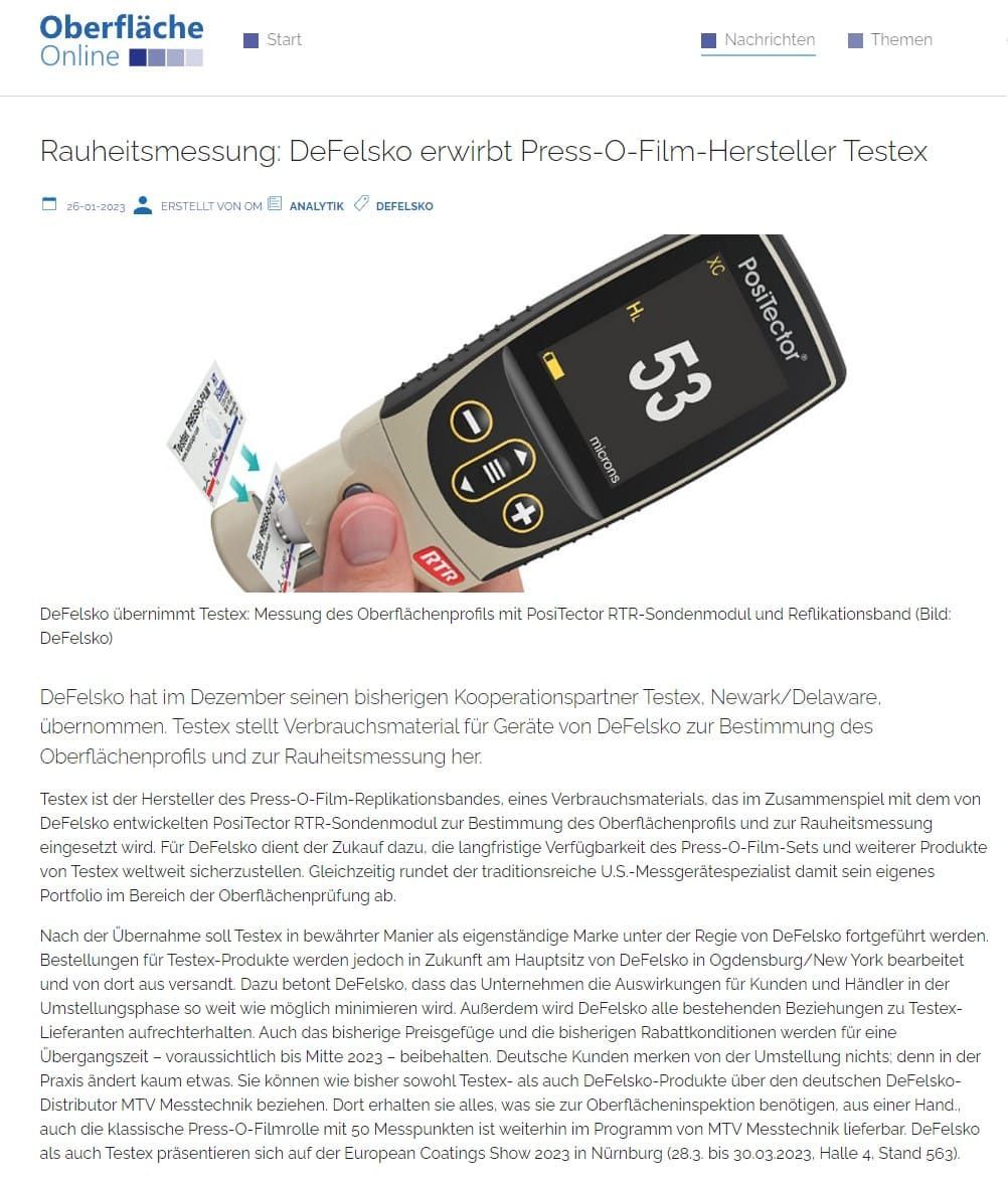 DeFelsko übernimmt Testex, den Hersteller des Press-o-Film oberflaechen-technik.net beitrag rauheitsmessung-defelsko-erwirbt-press-o-film-hersteller-testex