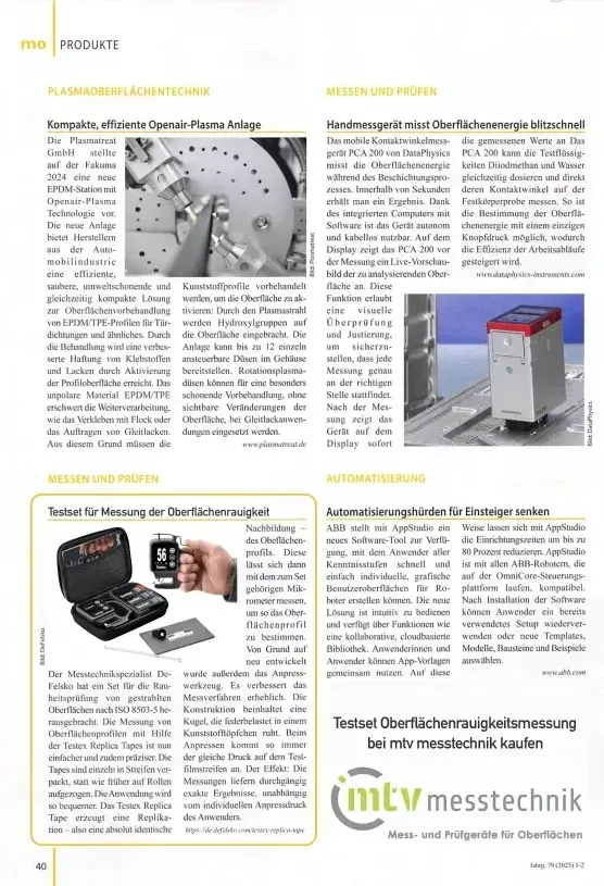 Artikel als PDF lesen mo Magazin neues Testset zur Rauheitsprüfung von DeFelsko mo Magazin für Oberflächentechnik berichtet über das neue Testset zur Messung der Oberflächenrauigkeit von DeFelsko & mtv messtechnik