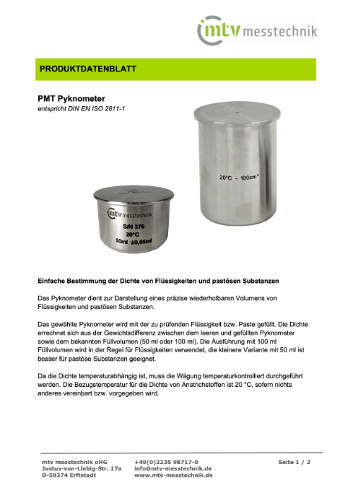 PMT Pyknometer nach DIN EN ISO 2811-1 zur einfachen, präzisen Dichtebestimmung von Flüssigkeiten + pastösen Substanzen bei definiertem Volumen.
