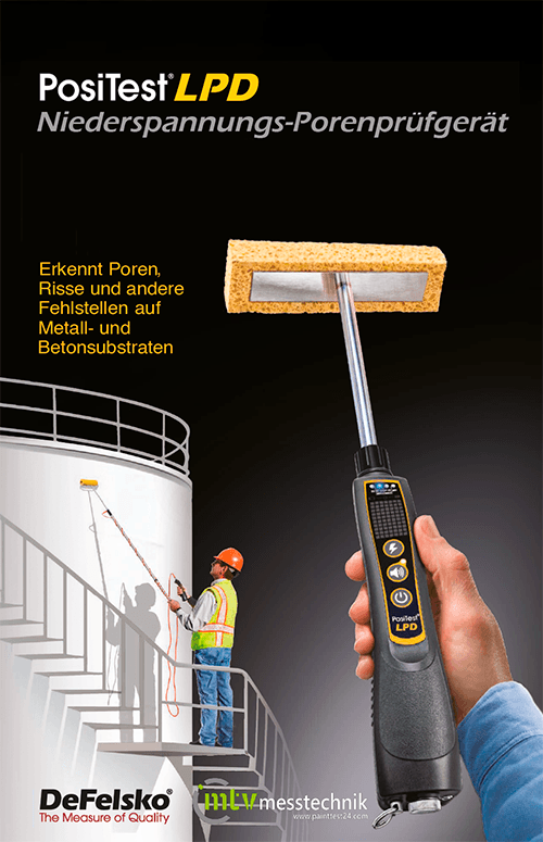 Prospekt DeFelsko PosiTest LPD - Niederspannungs-Porenprüfgerät nach Nass-Schwamm-Methode