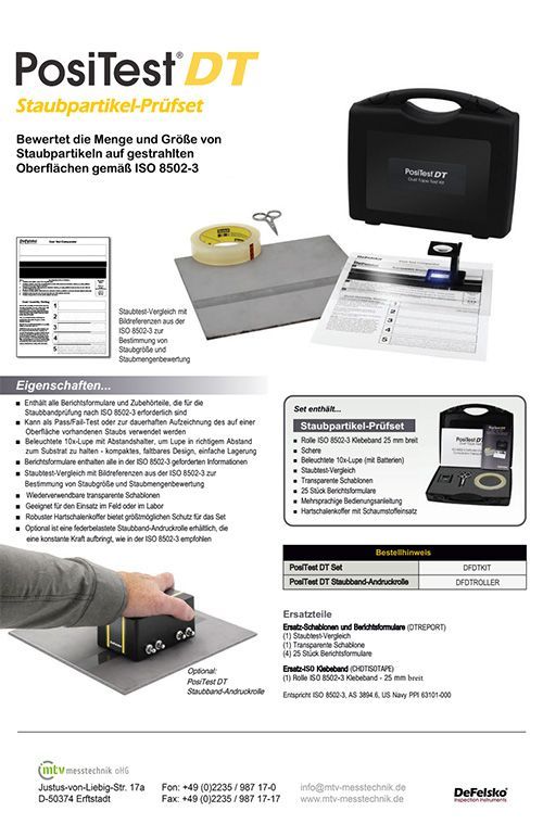 Prospekt DeFelsko PosiTest DT, Staubpartikel-Prüfset nach ISO 8502-3 von mtv messtechnik kaufen