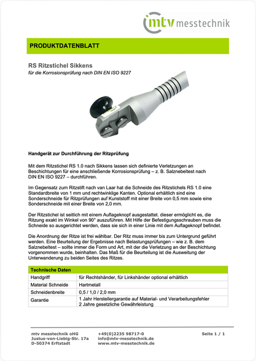 RS Ritzstichel Sikkens Handgerät zur definierten Ritzprüfung mit 1 mm Schneide für Korrosionsprüfungen nach ISO 9227.
