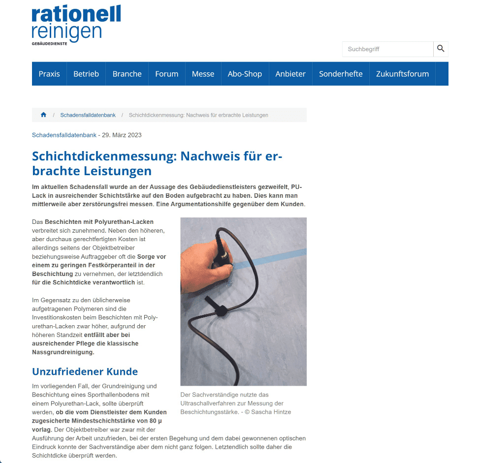 Dowload Artikel zum DeFelsko PosiTector 200 Interessanter Artikel auf rationell reinigen zum PosiTector 200 Ultraschall Schichtdickenmessgerät