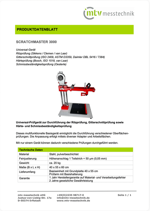 Prospekt SCRATCHMASTER 3000 Universal-Prüfgerät für Ritzprüfung, Gitterschnittprüfung, Härte- und Schmissbeständigkeitsprüfung nach ISO 2409, ASTM D3359  ISO 1518.