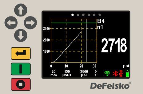 Gerätemenü dargestellt auf LCD-Farbdisplay des mtv messtechnik PosiTest AT Automatic 20 mm Haftfestigkeitsprüfgerät Adhäsionstester misst Haftfestigkeit.