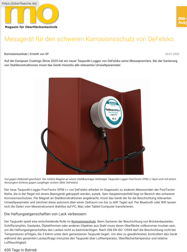 DeFelsko DPM L+: Messepremiere auf der European Coatings Show 2025! Taupunkt-Logger DPM L+, ein Messgerät für den schweren Korrosionsschutz von DeFelsko hat Messepremiere auf der European Coatings Show 2025!