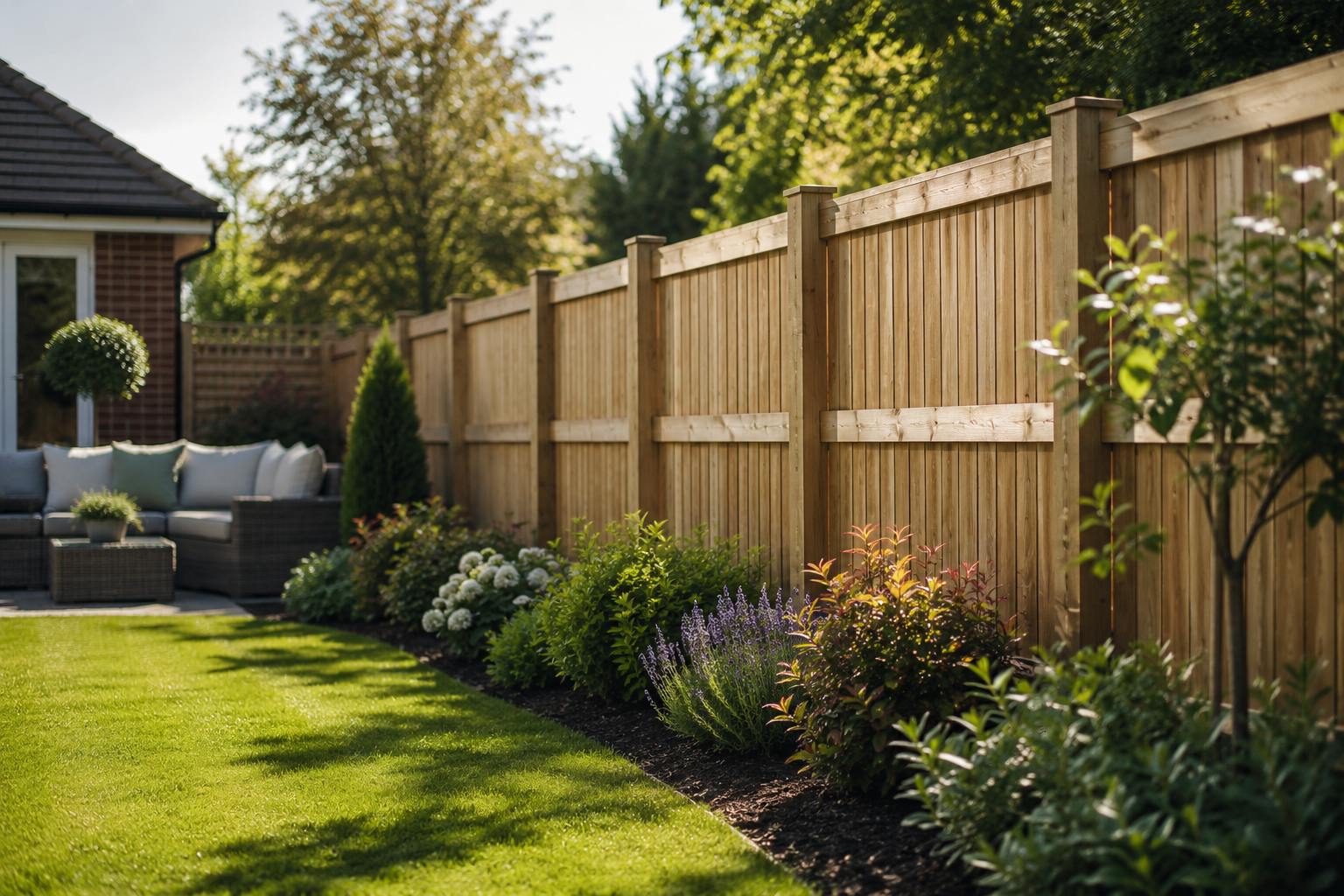 Timber garden fencing surrounding a well-maintained family garden in Gloucestershire.
