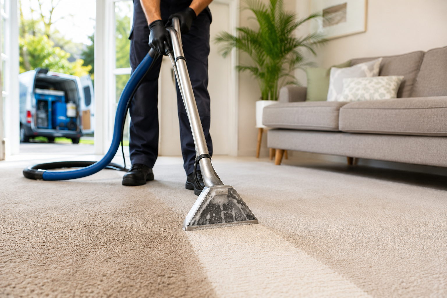 Professional carpet cleaner restoring a living room carpet in a South Devon home using specialist cleaning equipment.