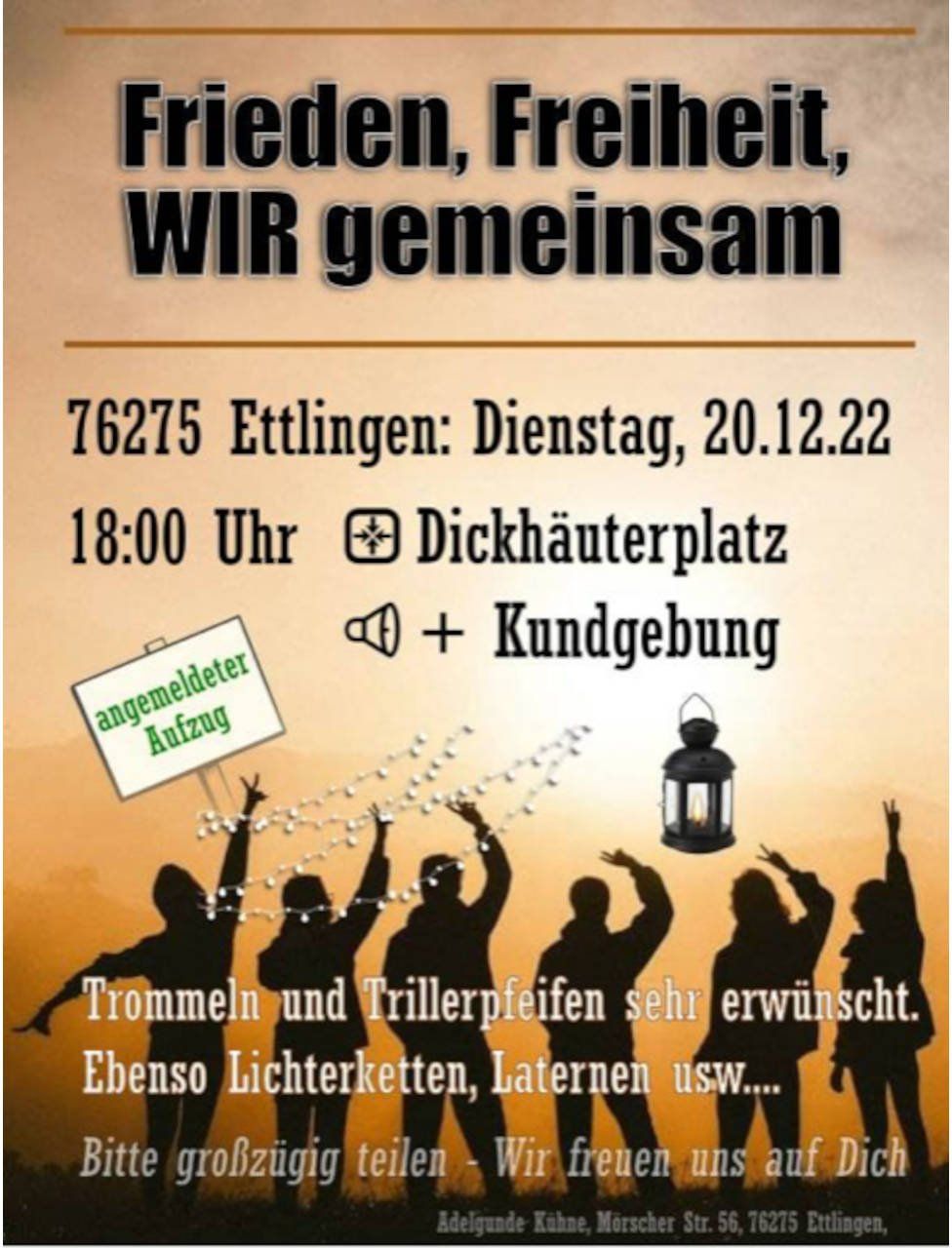 Frieden Freiheit WIR gemeinsam - Kundgebung mit Aufzug - Ettlingen Dickhäuterplatz 20.12.2022 18 Uhr