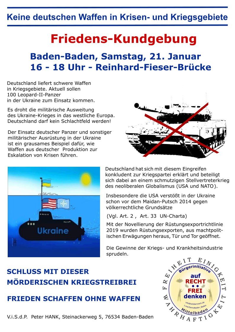Friedenskundgebung - Baden-Baden Reinhard-Fieser-Brücke 21.01.2023 16-18 Uhr