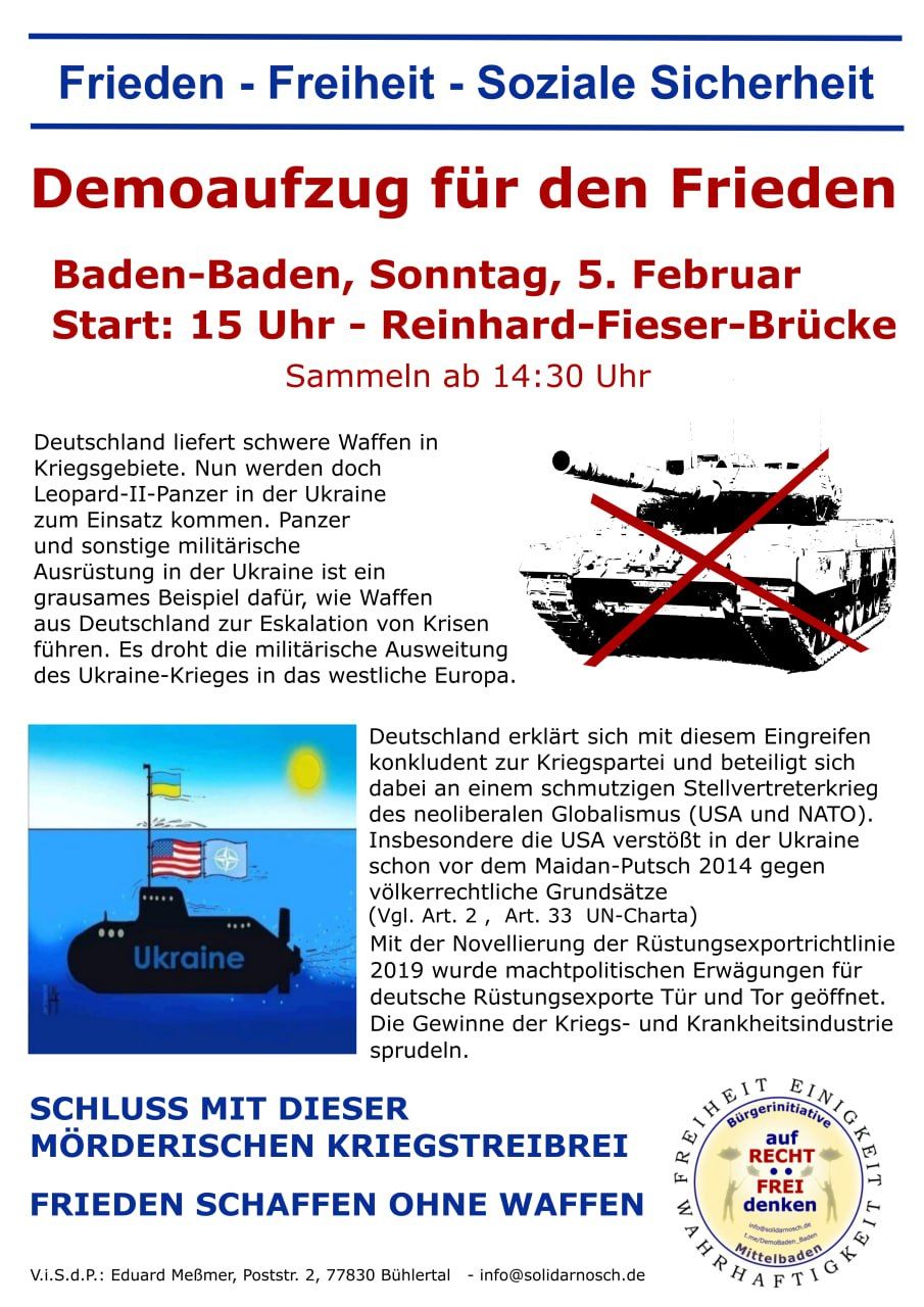Demoaufzug für den Frieden - Baden-Baden Reinhard-Fieser-Brücke 05.02.2023 15 Uhr