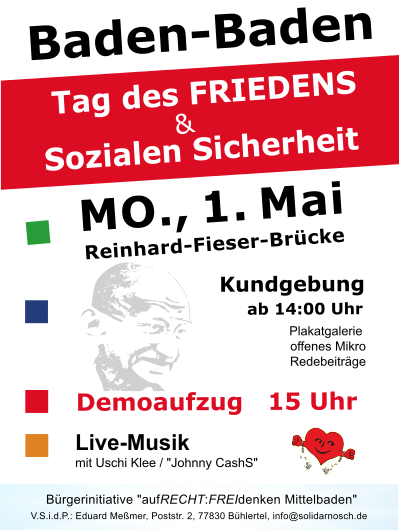 Kundgebung und Demoaufzug für den Frieden - Baden-Baden Reinhard-Fieser-Brücke 01.05.2023 ab 14 Uhr