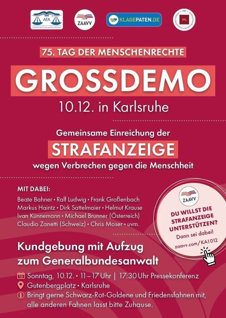Strafanzeigeneinreichung beim Generalbundesanwalt - Kundgebung mit Aufzug - Karlsruhe Gutenbergplatz 10.12.2023 11:00 - 17 Uhr
