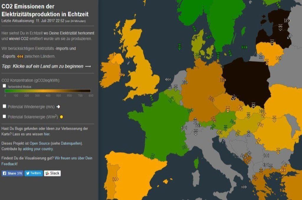 Online Darstellung woher die Energie kommt, wieviel CO2 emittiert wird, wie sie in Europa verteilt wird. Mit Layern für aktuelle Wind- und Solar-Situation