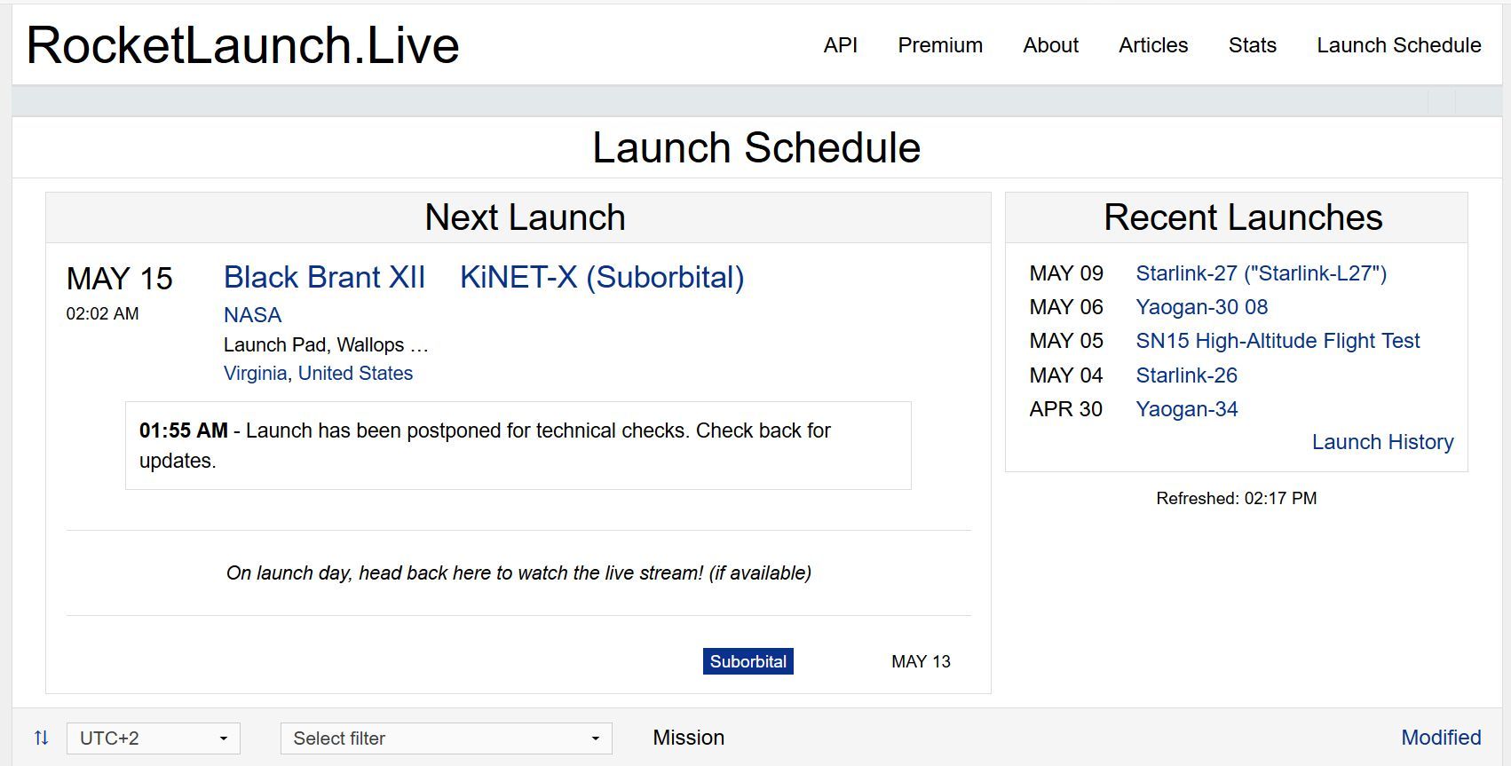 Raketenstarts und Missionshinweise