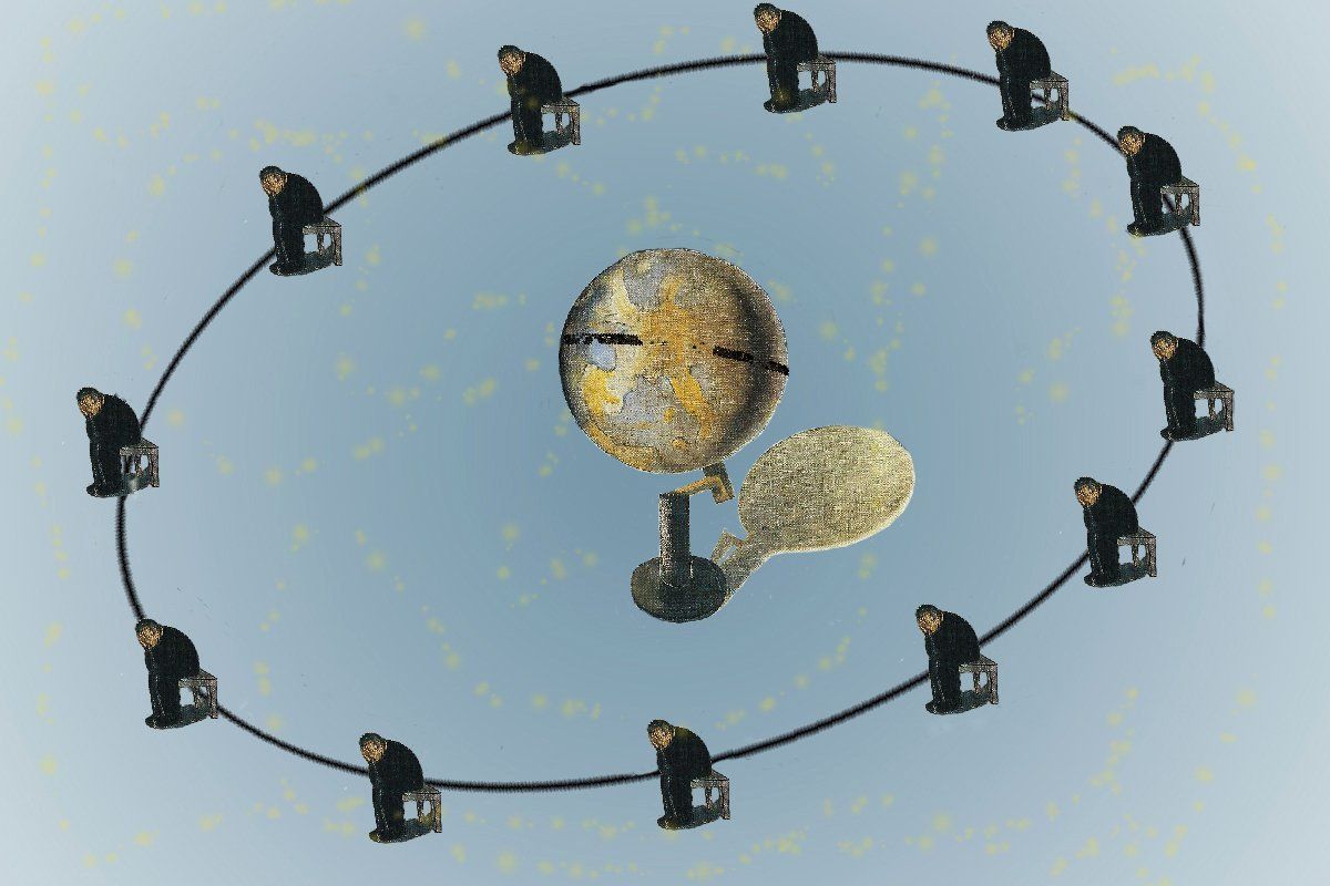 E pur si muove ! ou le cauchemar de Galillée, photomontage Ann Ponchèle E pur si muove ! ou le cauchemar de Galillée, photomontage Ann Ponchèle