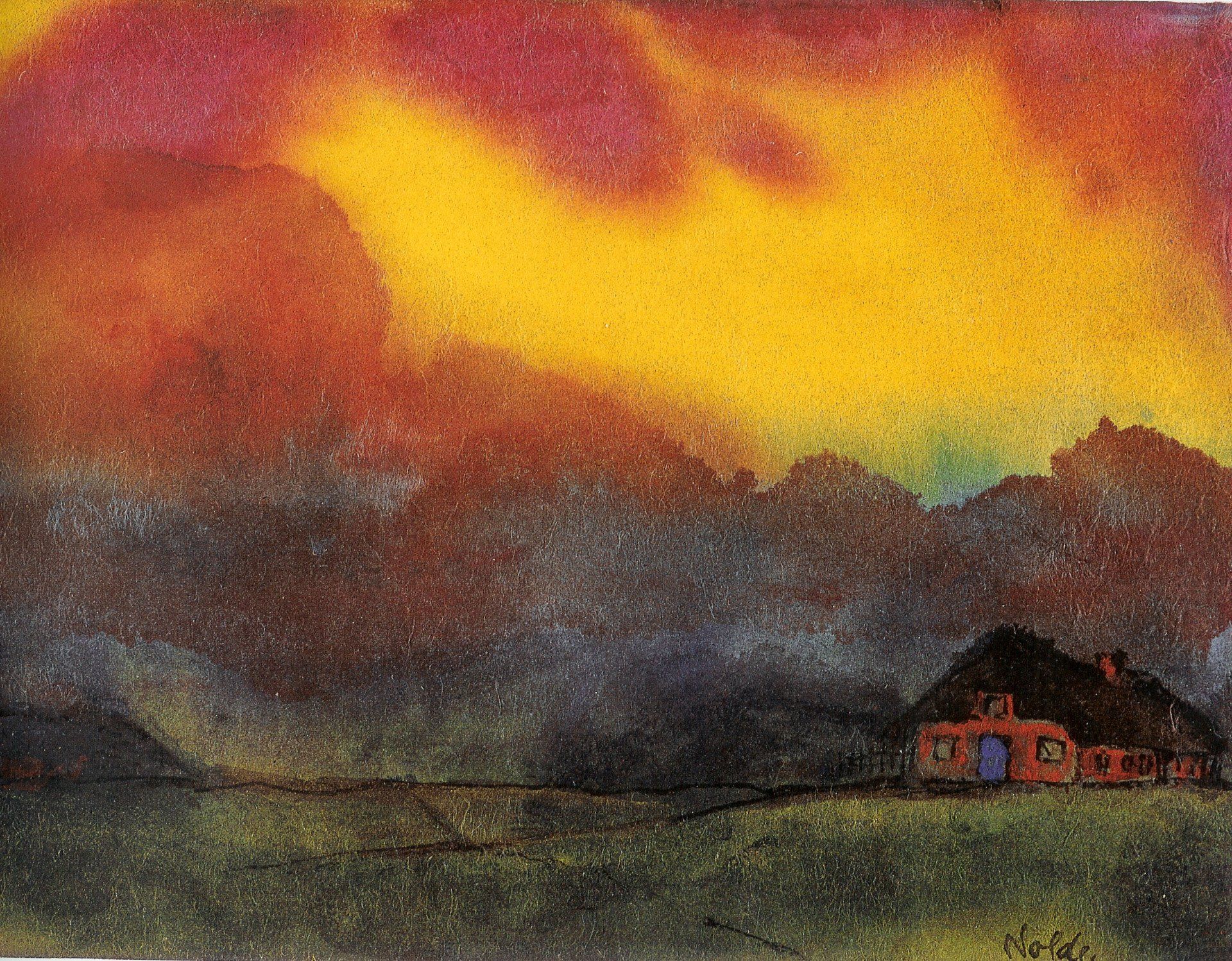 Maisons frisonnes et nuages du soir, Emil Nolde, Maisons frisonnes et nuages du soir, Emil Nolde