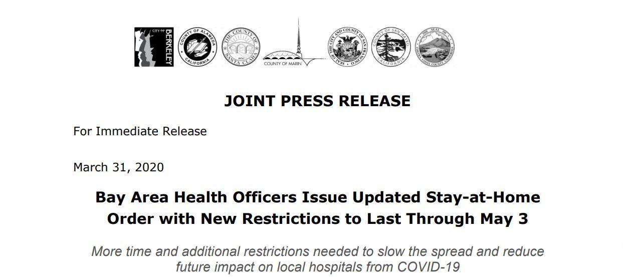 JOINT PRESS RELEASE Shelter in Place Through May 3 To Relieve Hospital Load, Real estate and funeral