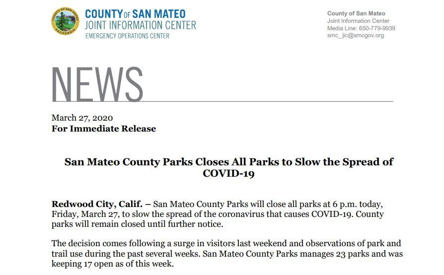 San Mateo County Parks Closes All Parks Starting TODAY to Slow the Spread of COVID-19