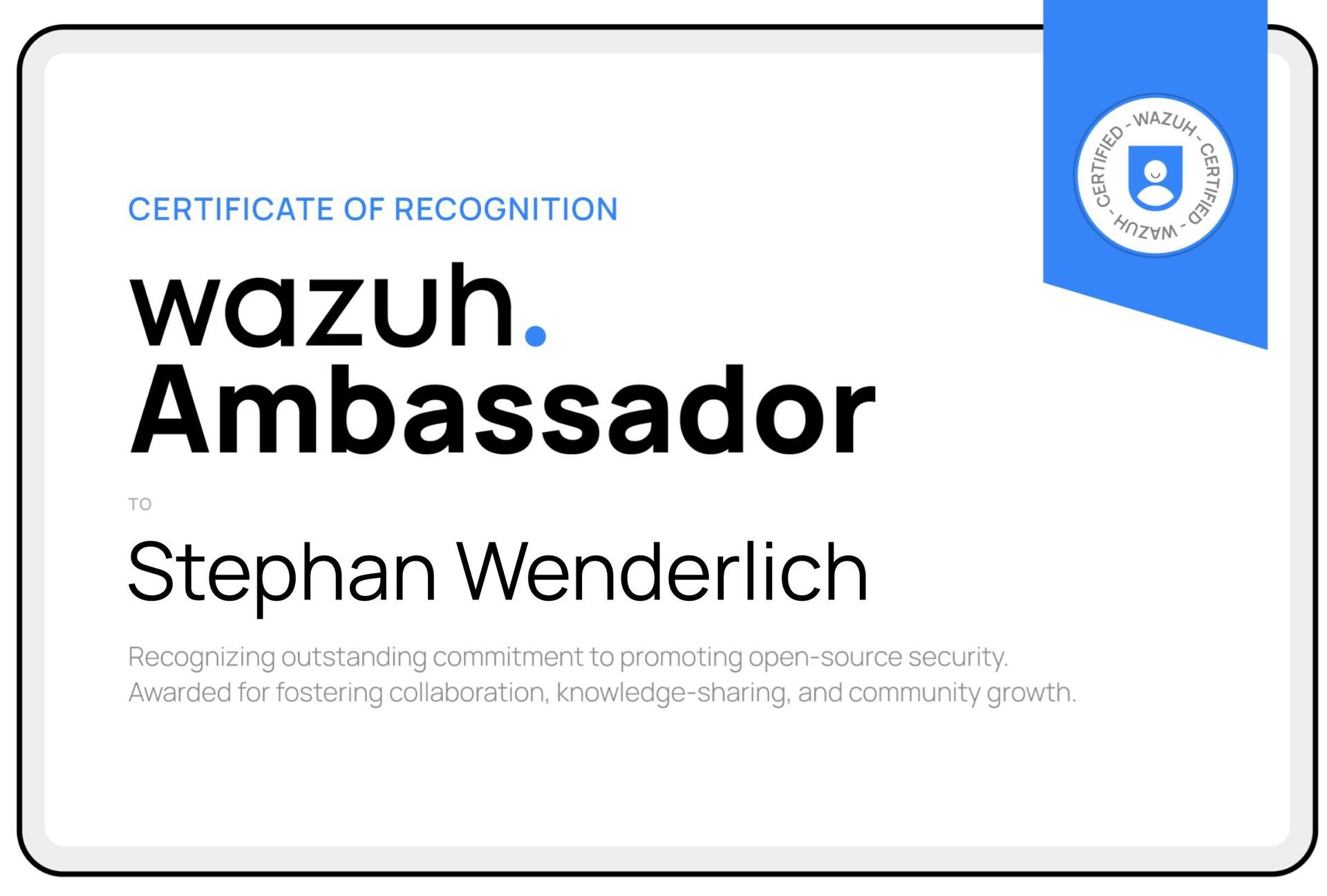 Zertifikat der Anerkennung als offizieller Wazuh Botschafter