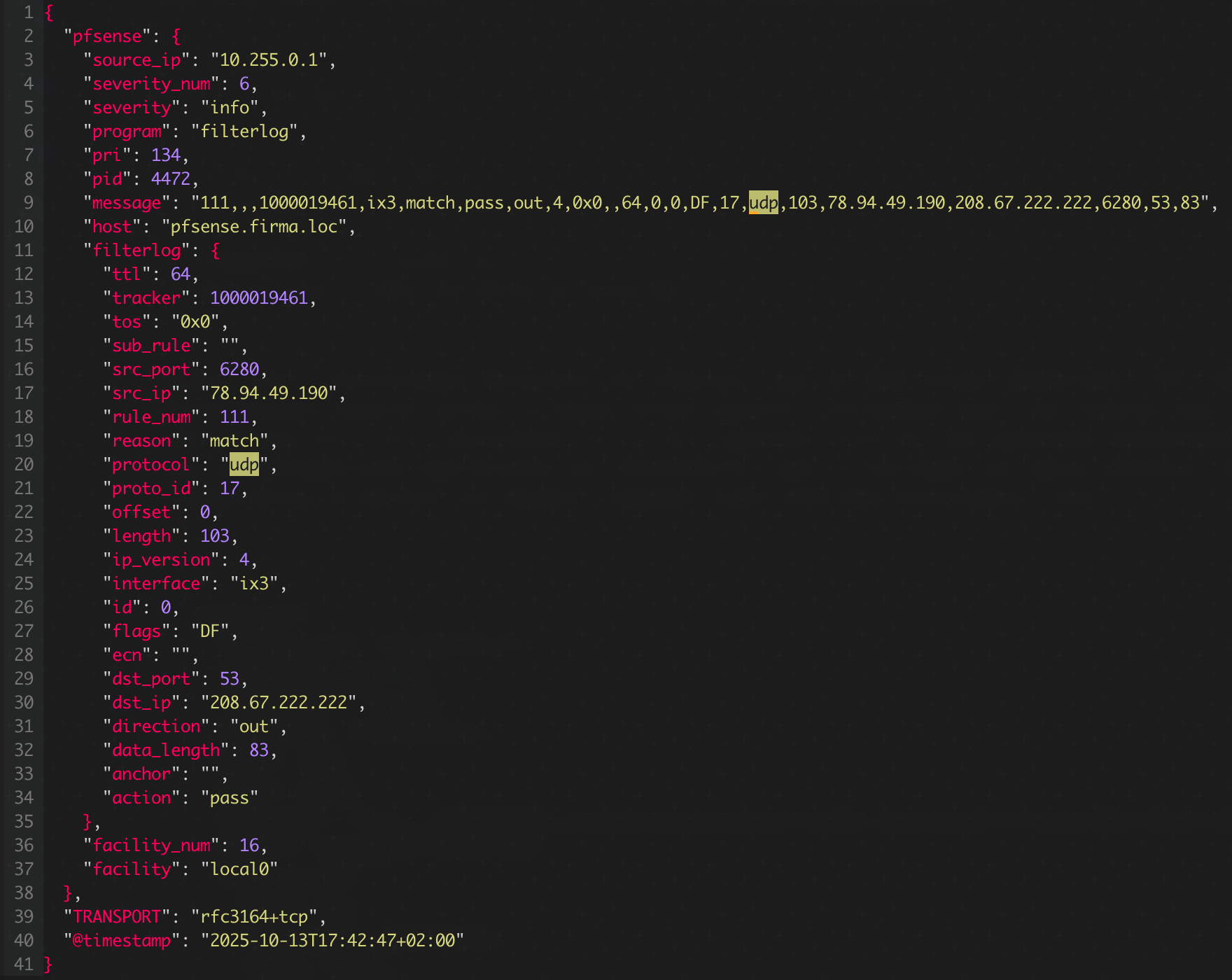 pfSense Filterlog im Kontext UDP Protokoll, als strukturiertes JSON Format.