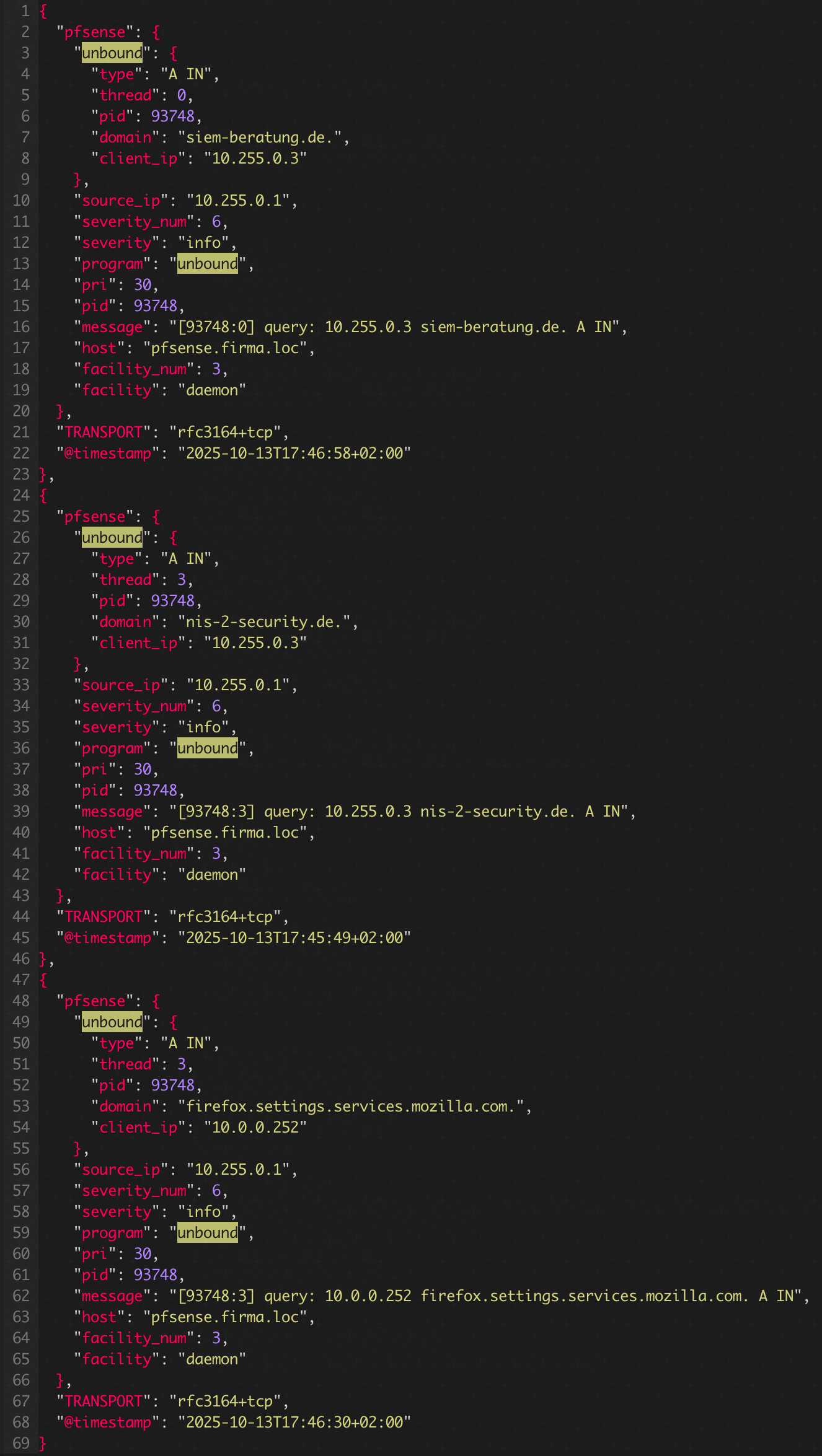 pfSense UNBOUND DNS Logs, als strukturiertes JSON Format.