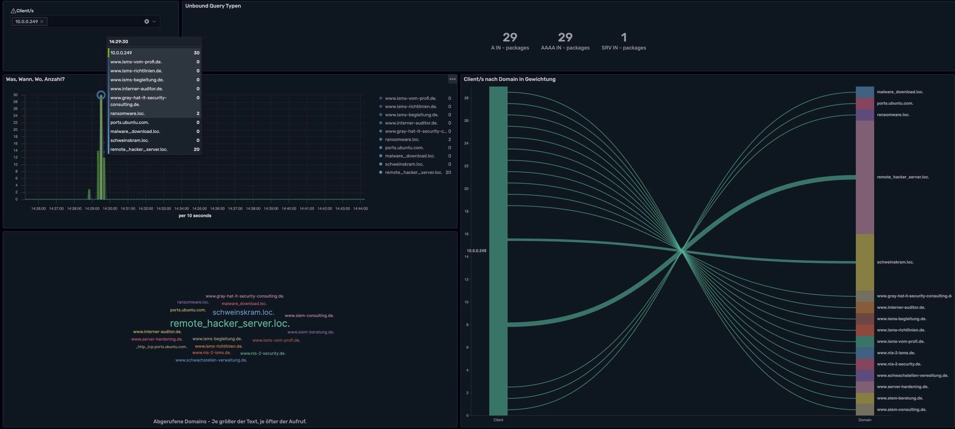 Wazuh Dashboard: DNS Domain Analyse einer pfSense Firewall. Was ruft ein Client auf?