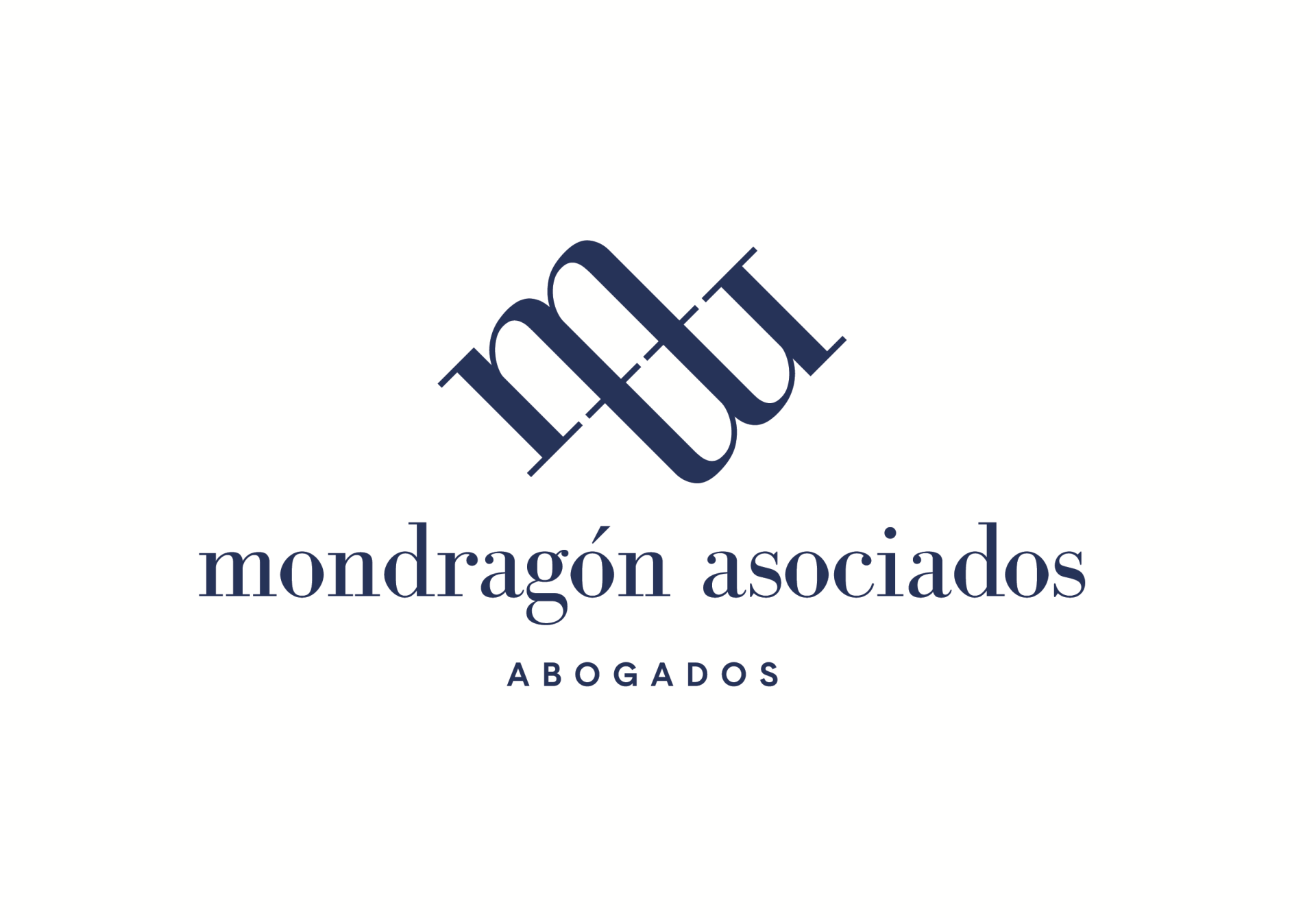 Este es el logotipo de Mondragón Abogados y Administradores de Fincas en Barcelona, Una E y una M en mayúsculas, juntas y con color azul marino.