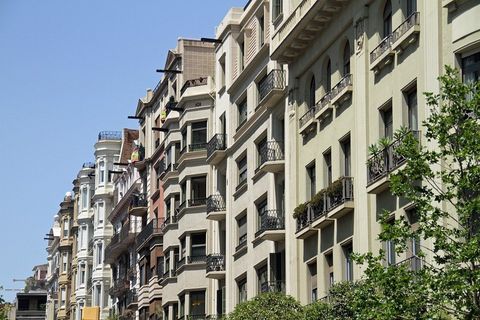 Varios bloques de pisos en Barcelona la condal, se ve el verde de la copa de unos arboles y el cielo azul sin ninguna nube. Representa nuestro compromiso como Administración de Fincas Barcelona.