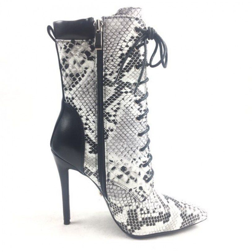 bottines haut talon noir, style croco bout pointu avec laçage en façade, coloris noir et blanc, bottes haut talon pour femmes, botte talon aiguilles