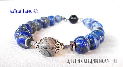 bracelet fantaisie femme en pierres, pierres semi-précieuses en lave et jaspe Dalmatien, axe pierre bleue, Lapis Lazuli - agate et fermoir magnétique noir, intercalaire en Hématite