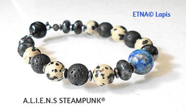 bracelet fantaisie femme en pierres, pierres semi-précieuses en lave et jaspe Dalmatien, axe pierre bleue, Lapis Lazuli - agate et fermoir magnétique noir, intercalaire en Hématite