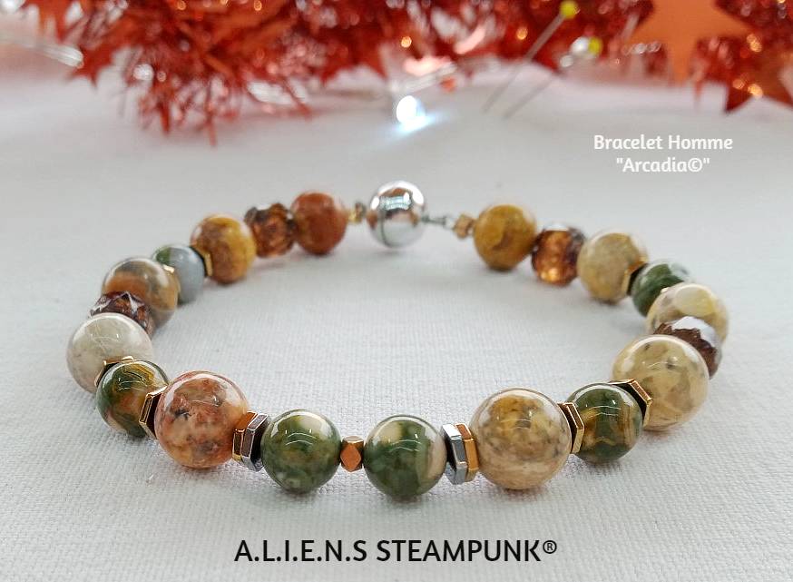 Bracelet Homme en pierres, pierres naturelles semi-précieuses  Pyolith coloris verte et ocre brun, fermoir magnétique en rhodium,